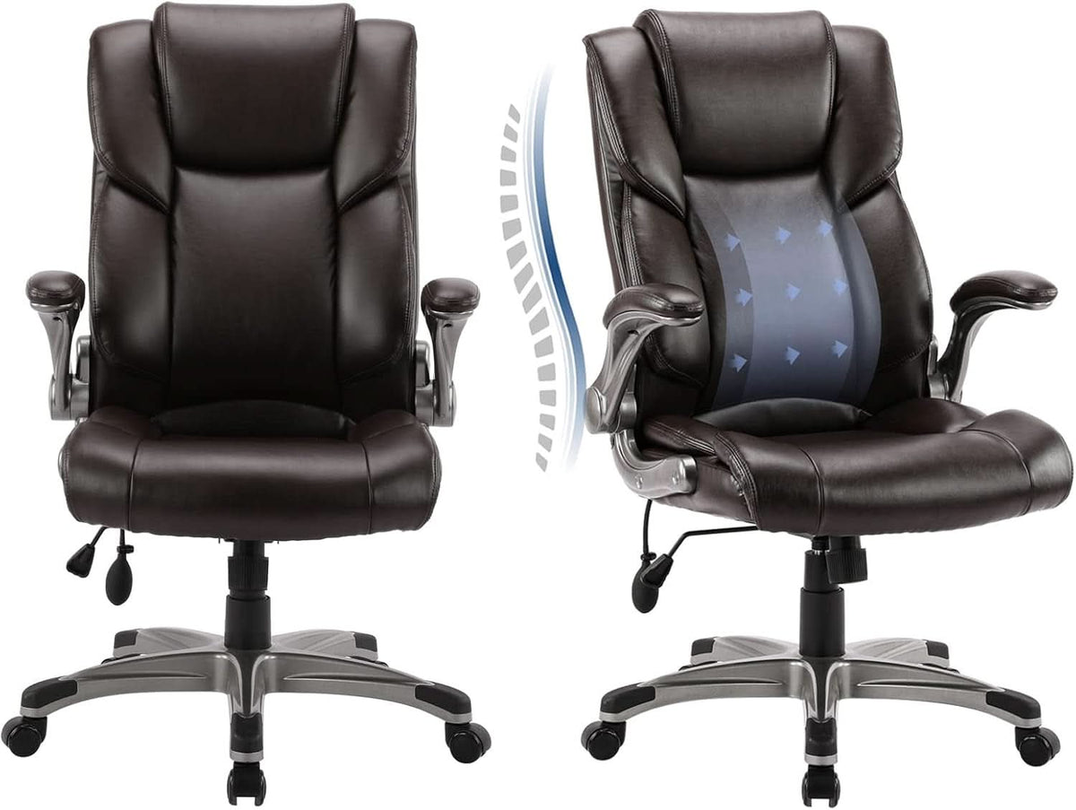 Two Brown Leather Executive Office Chairs Set With Adjustable Rolling-1