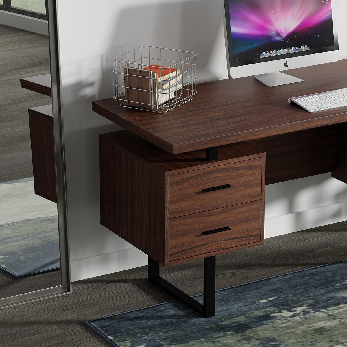 Walnut desk top on a black steel base