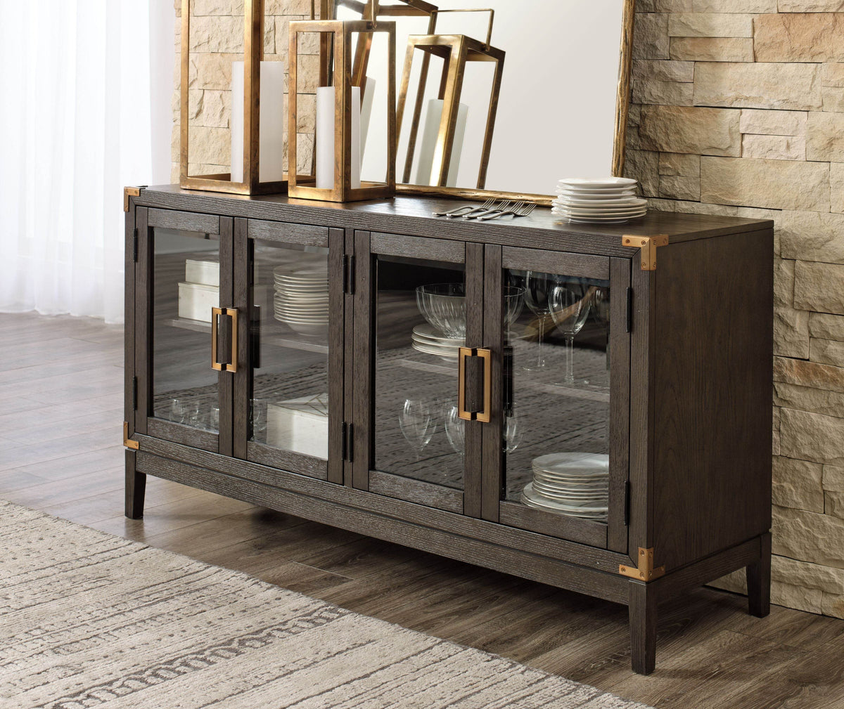 Dark brown office credenza with panelled cabinet doors