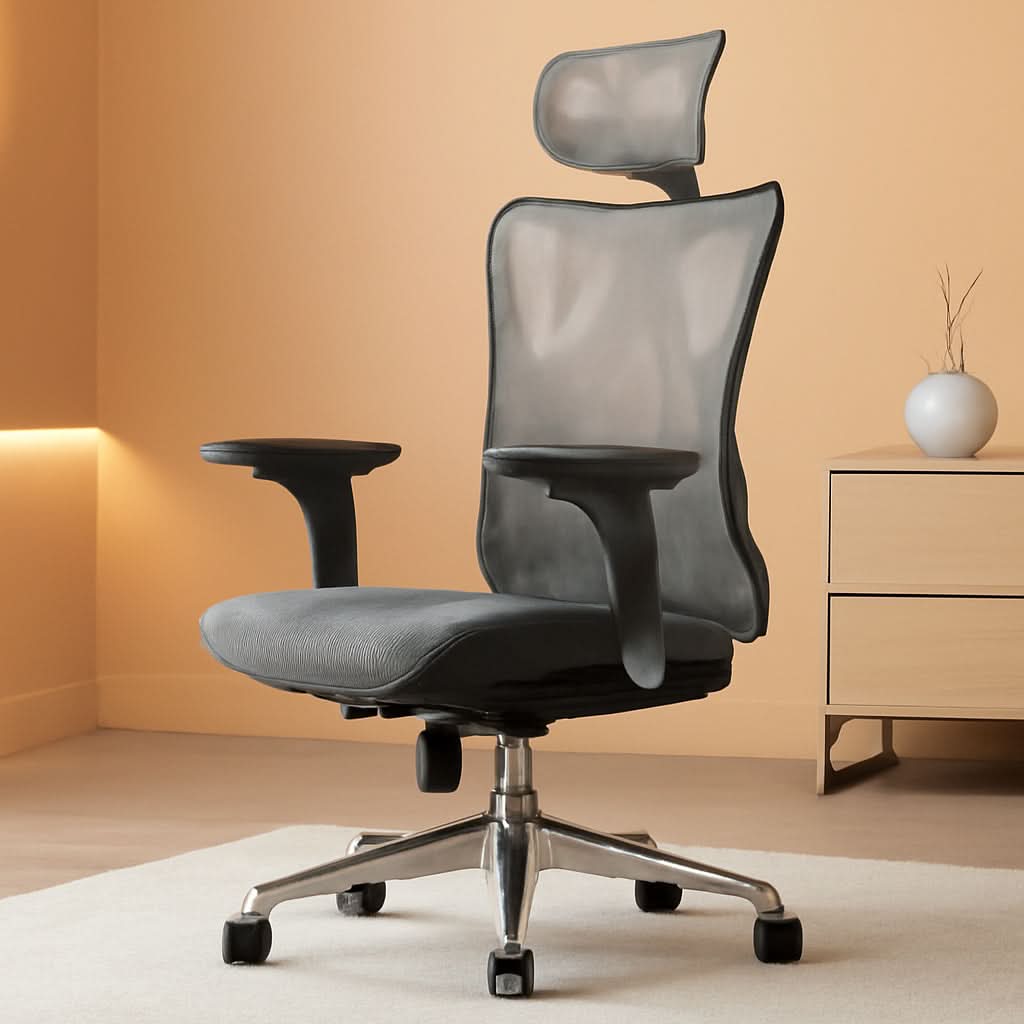 Grey Ergonomic Office Chair With Adjustable Headrest-0