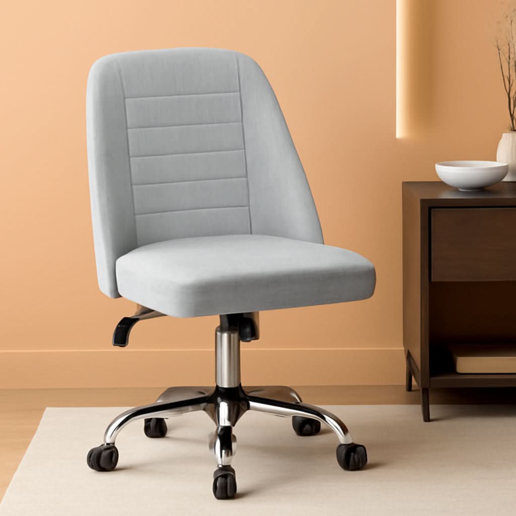 Armless linen task chair on a rolling metal base
