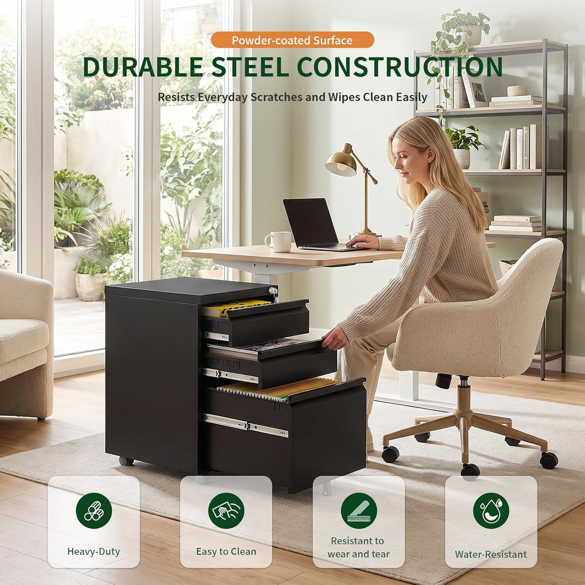 Lockable Three Drawer Rolling Metal Filing Cabinet-2