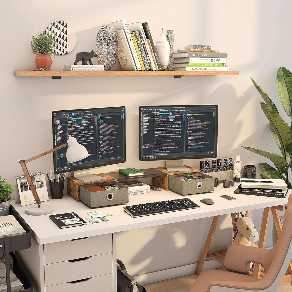 Wide dual monitor riser with two storage drawers