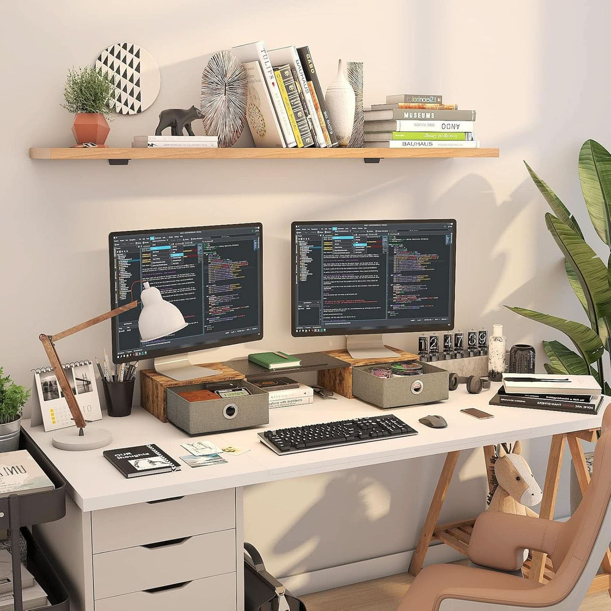 Wide dual monitor riser with two storage drawers