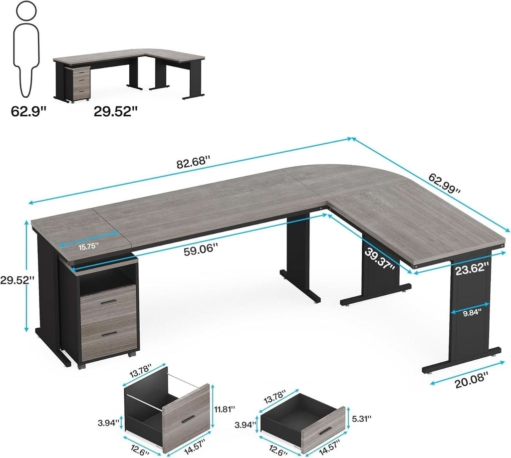 L shaped executive desk with a three drawer file cabinet