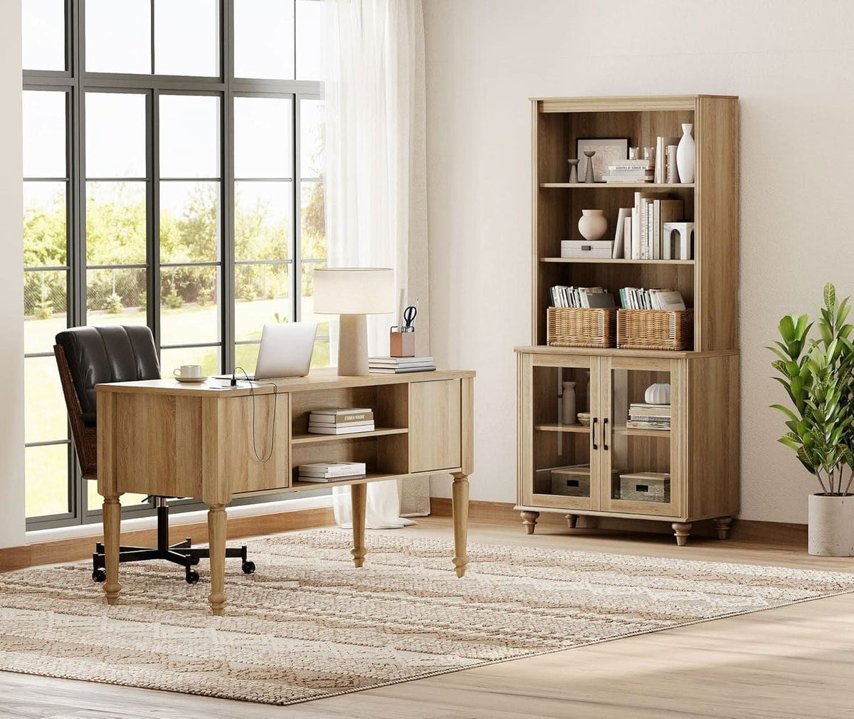 Distressed oak executive desk with a matching glass door bookcase