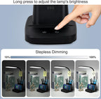 Black desk lamp with an integrated wireless charging pad and pen holder