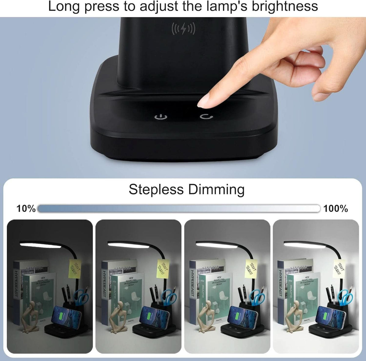 Black desk lamp with an integrated wireless charging pad and pen holder