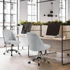 Armless linen task chair on a rolling metal base
