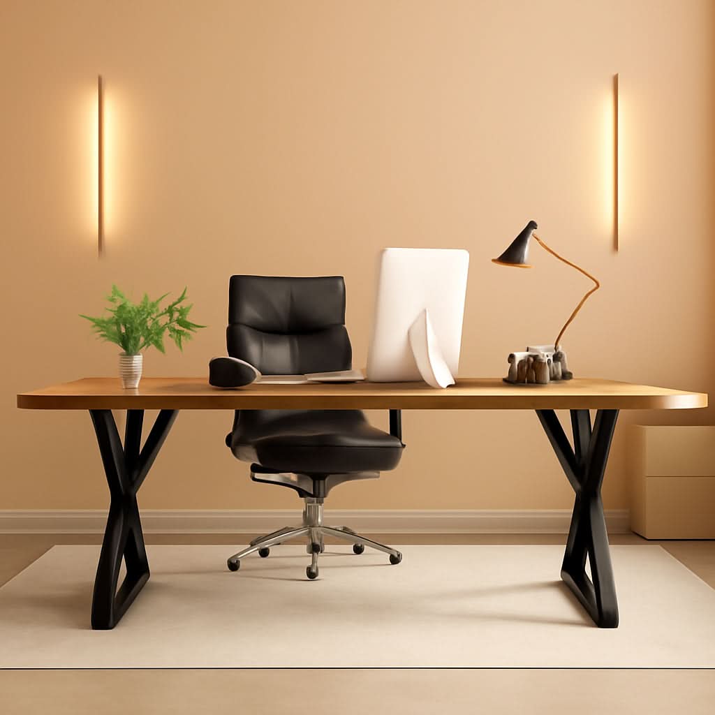 Light walnut executive desk with a black frame