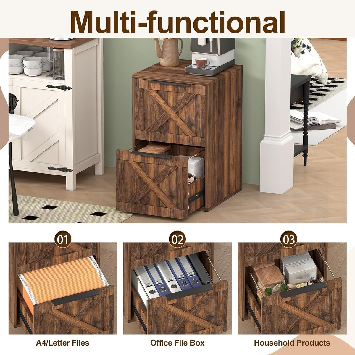 Farmhouse Two Drawer Wooden Filing Cabinet Storage-3