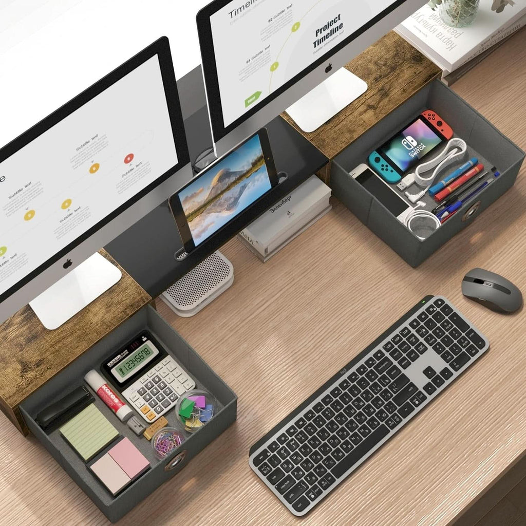 Wide dual monitor riser with two storage drawers