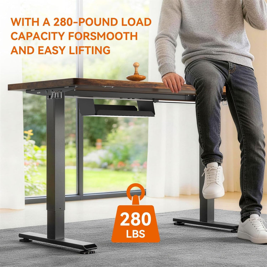 Brown height adjustable standing desk with cable management