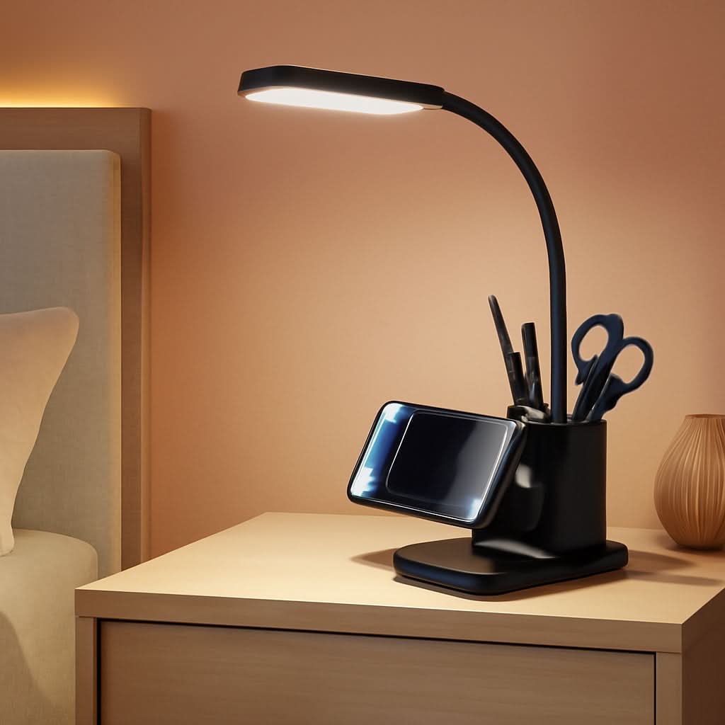 Black desk lamp with an integrated wireless charging pad and pen holder