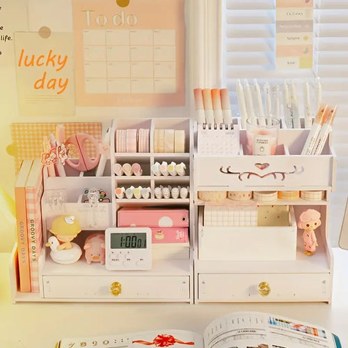 Compact study desk in white with built in storage shelves
