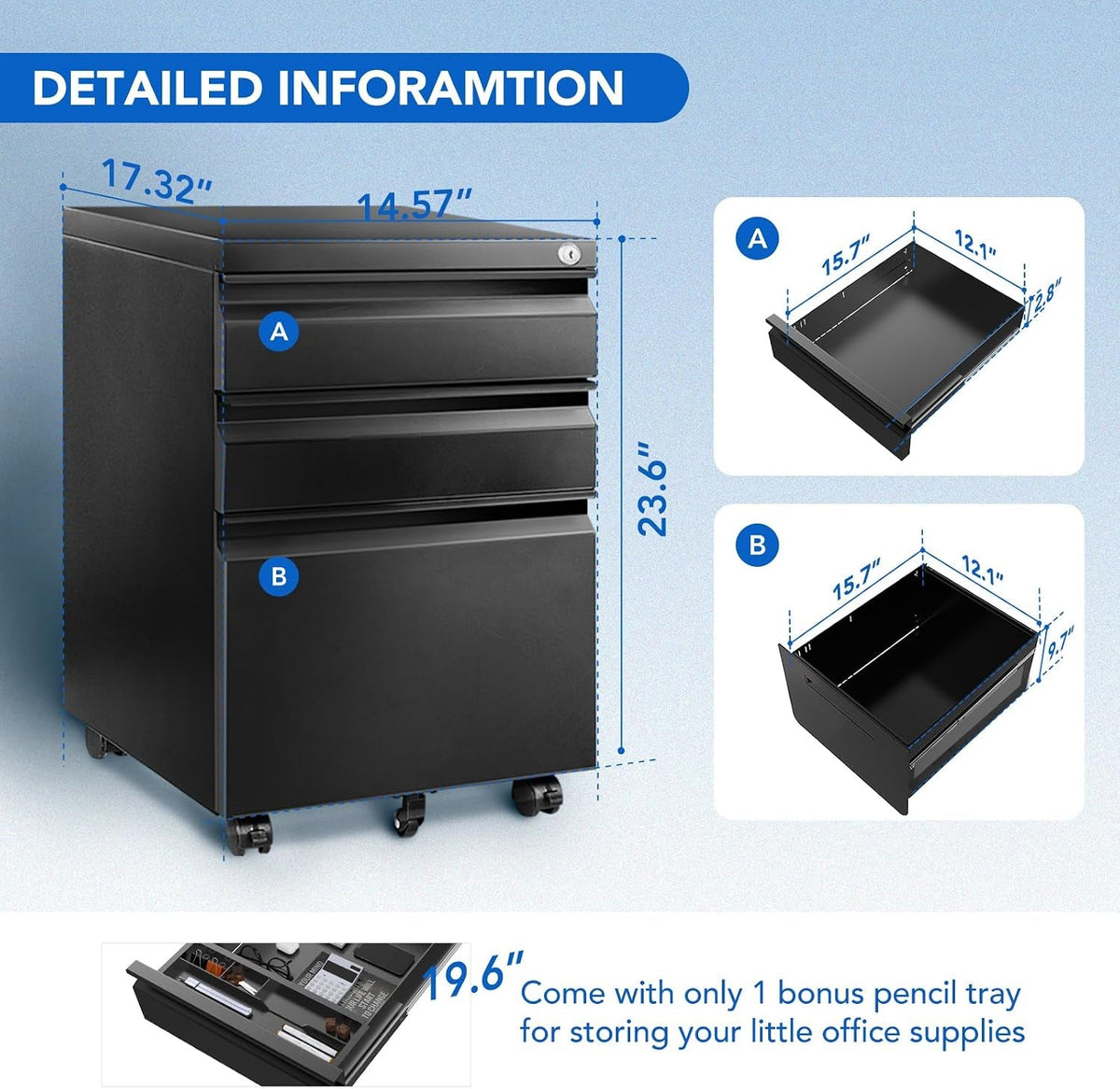 Black Compact Lockable Steel Mobile Filing Cabinet-2