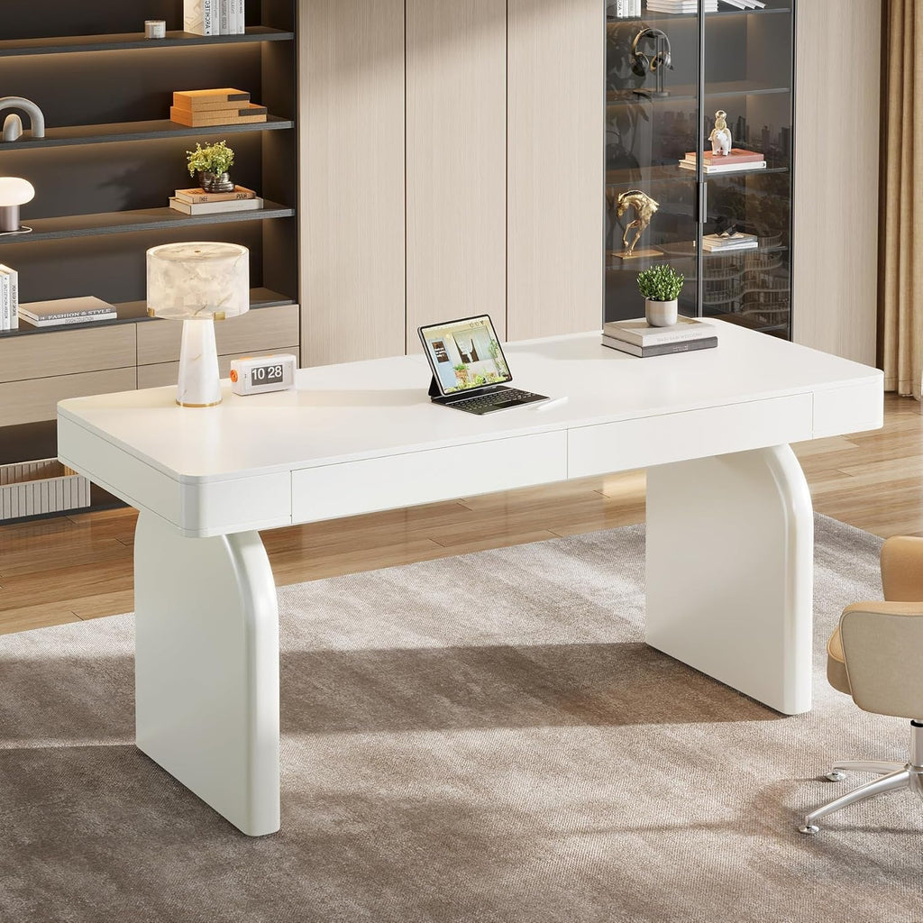 White executive desk with drawers along one side