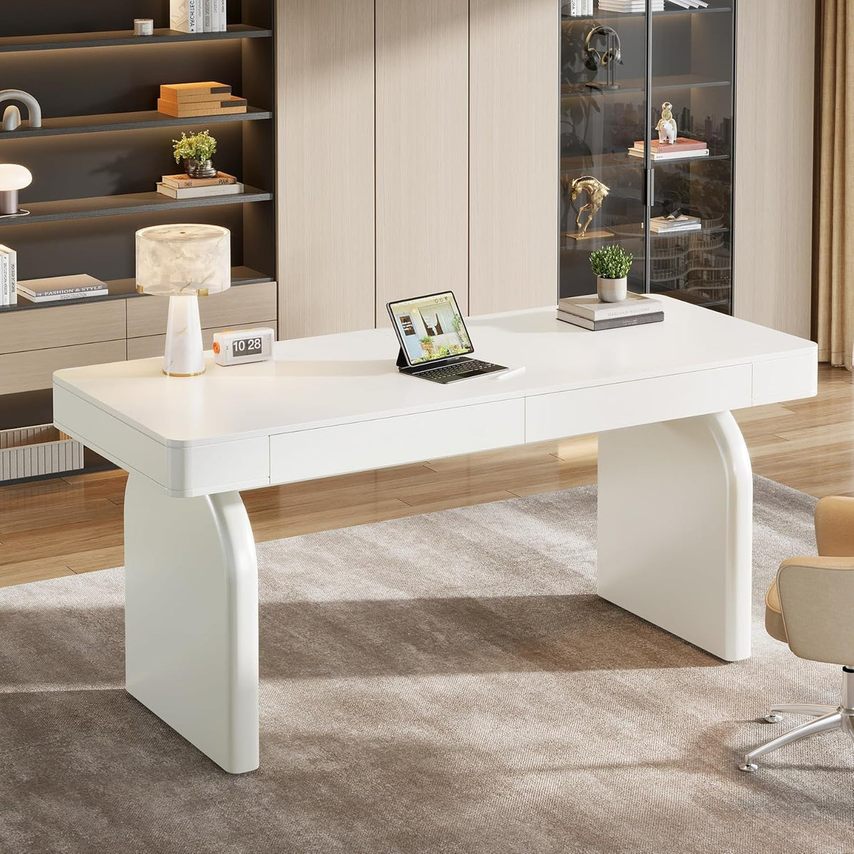 White executive desk with drawers along one side