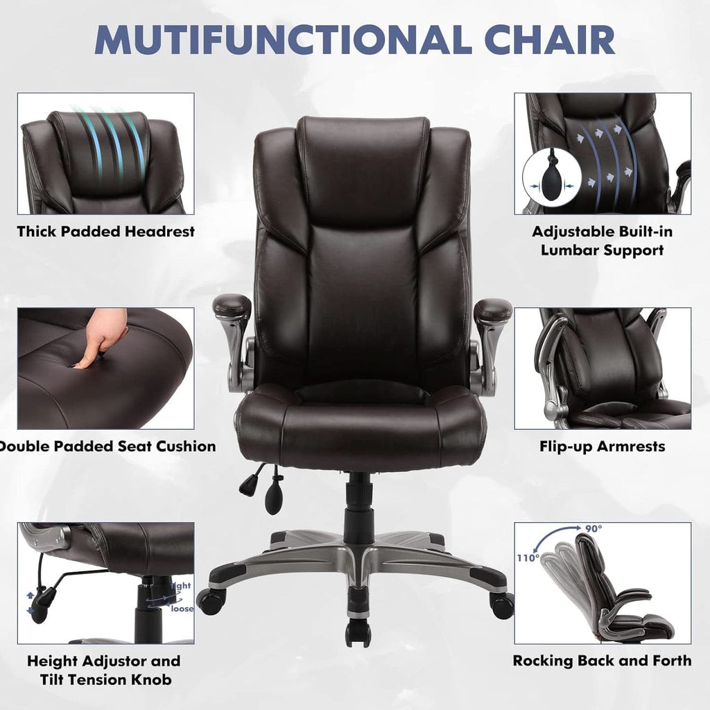 Two Brown Leather Executive Office Chairs Set With Adjustable Rolling-3