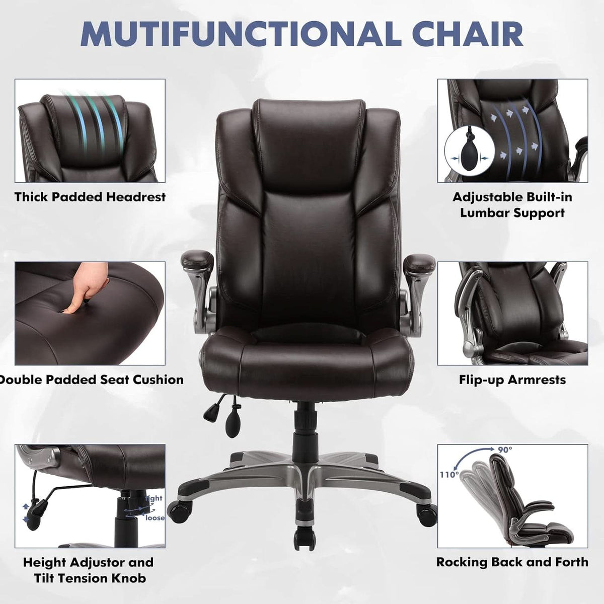 Two Brown Leather Executive Office Chairs Set With Adjustable Rolling-3