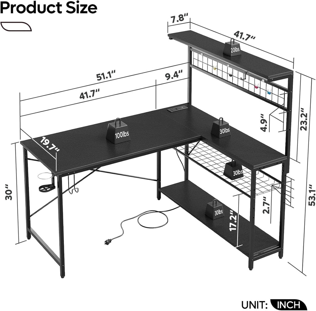 51-Inch L-Shaped Gaming Desk With LED Lights For Office-1
