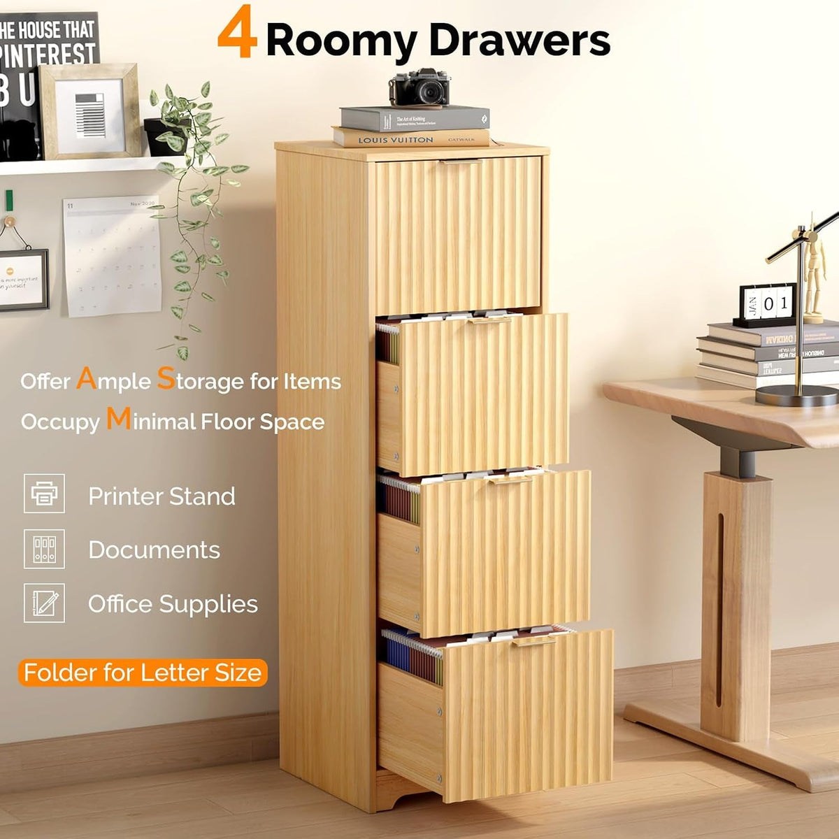 Contemporary Oak Filing Cabinet Featuring Four Drawers-3