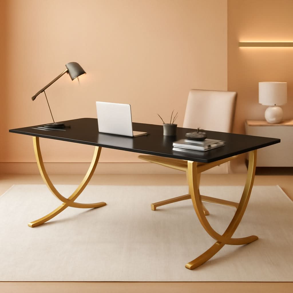 Black executive desk with brass toned detailing