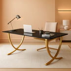 Black executive desk with brass toned detailing