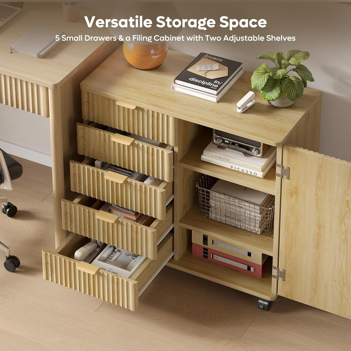 Five Drawer Oakwood Filing Cabinet Locking Casters-2