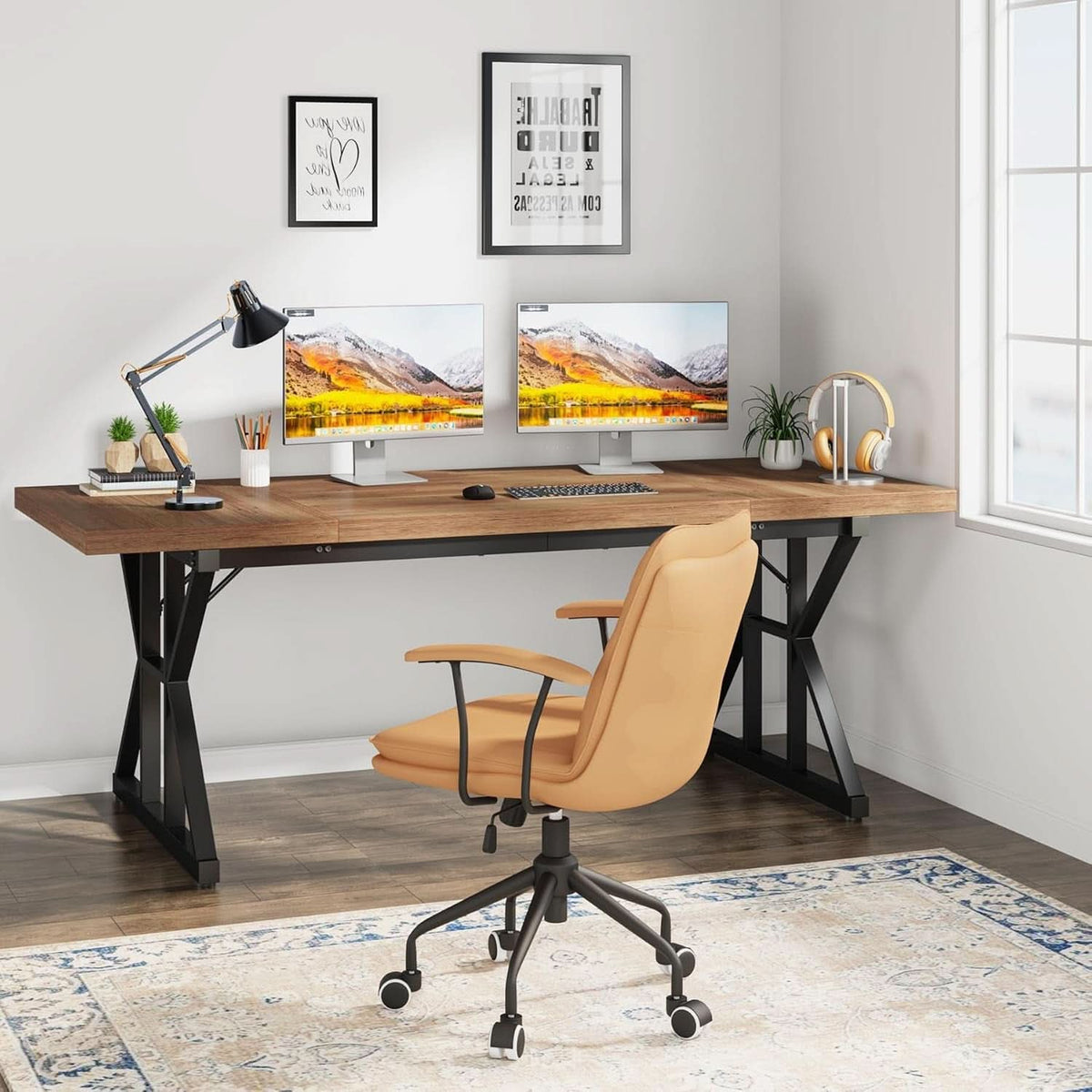 Light oak executive desk in a home office