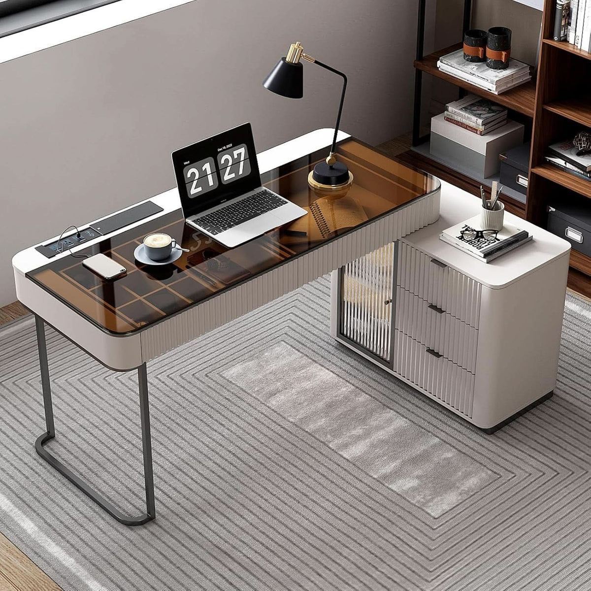 Ivory 50 Inch Office Computer Desk With Cabinet LED lights-3