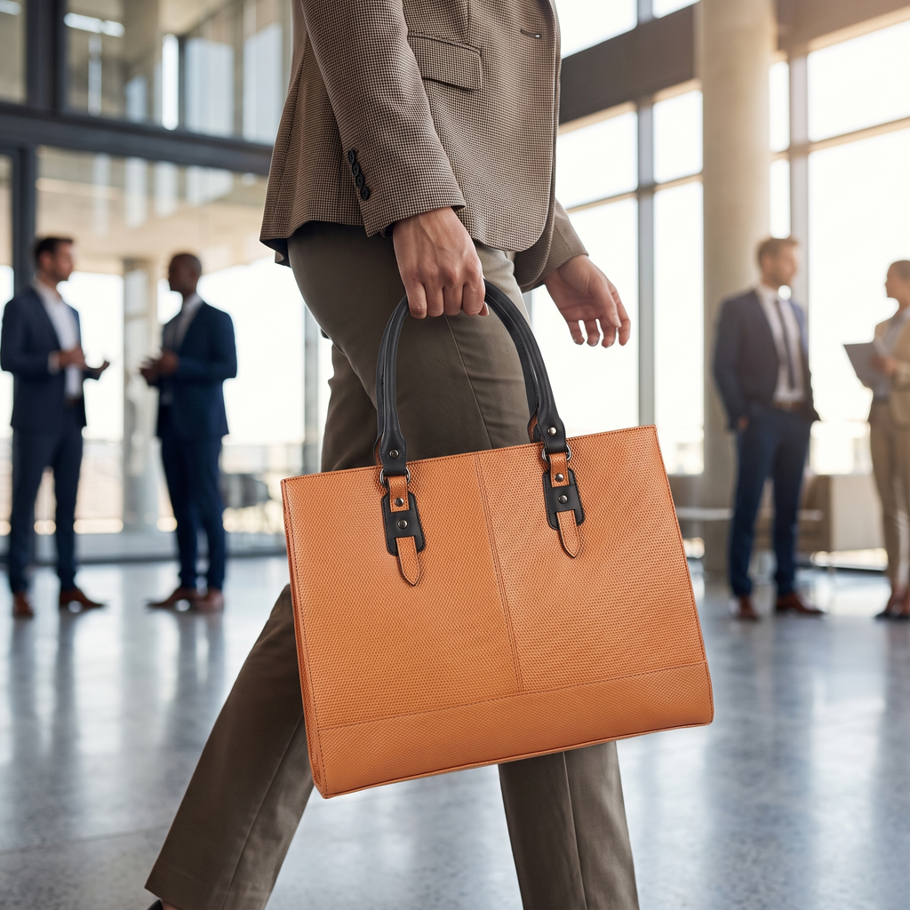 The Signature Leather Laptop Bag, Glazed Tan 17 inch — carried in a modern workspace