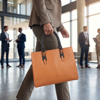 The Signature Leather Laptop Bag, Glazed Tan 17 inch — carried in a modern workspace