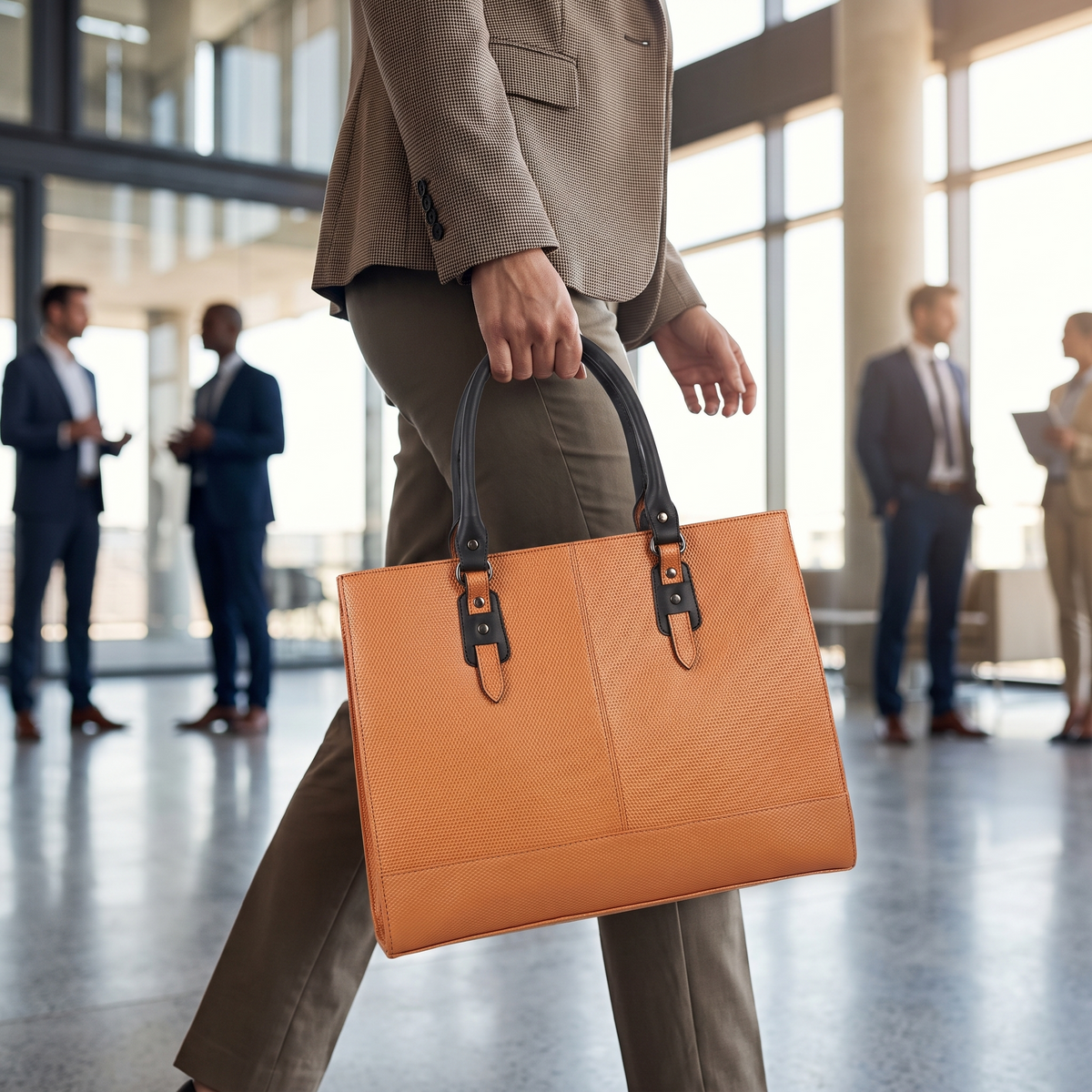 The Signature Leather Laptop Bag, Glazed Tan 17 inch — carried in a modern workspace