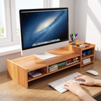 Cedro Wooden Monitor Riser with Organiser — in use on a desk
