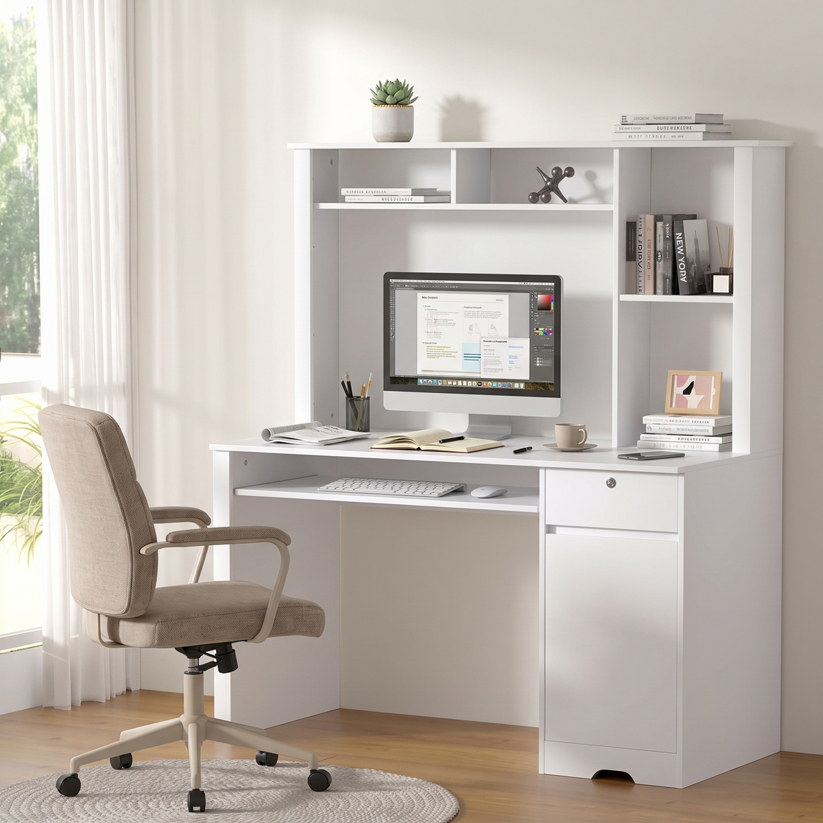 Vicenza White Desk with Bookshelf and Cabinet 134cm — in a bright home office