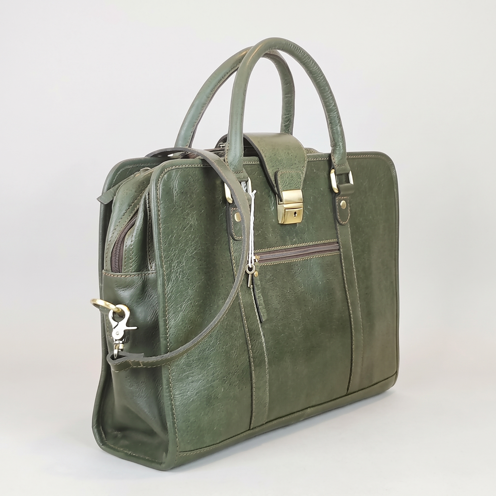 The Envoy Leather Briefcase, Olive Green — product hero shot