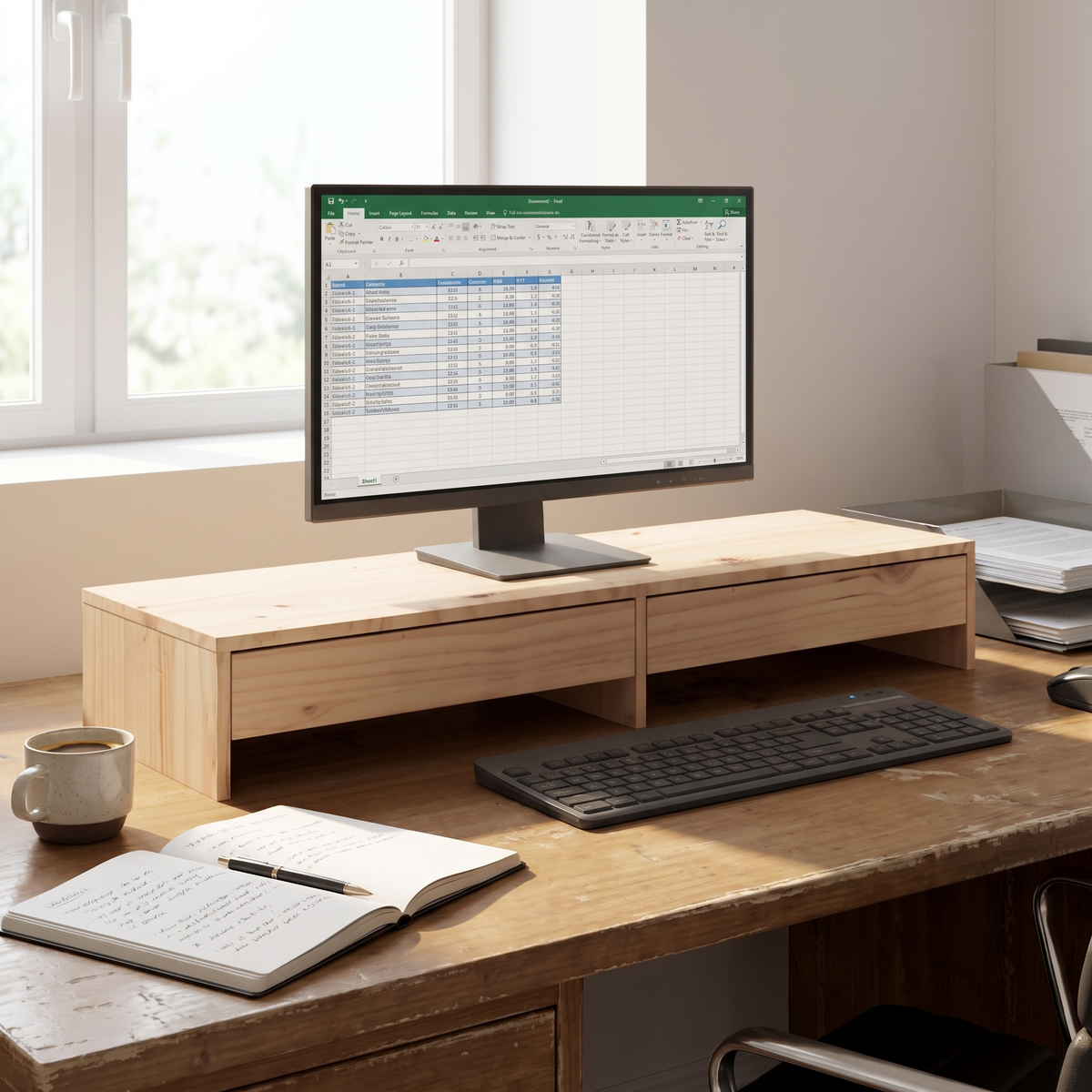 Riva Solid Pine Monitor Riser 100 x 27 x 15cm — in use on a desk
