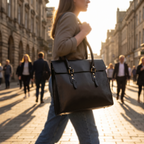 The Signature Leather Laptop Bag, Black Flap 17 inch — carried on a city street