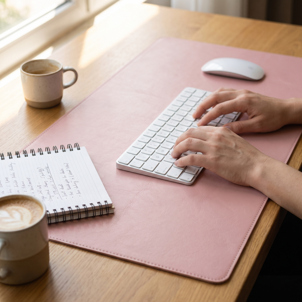 Jersey Leather Desk Pad, Pink — in use on a desk