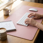 Jersey Leather Desk Pad, Pink — in use on a desk