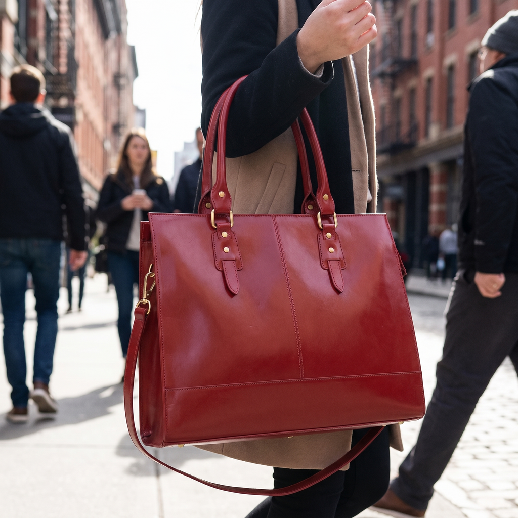 The Signature 17 Inch Leather Laptop Bag, Red — carried on a city street