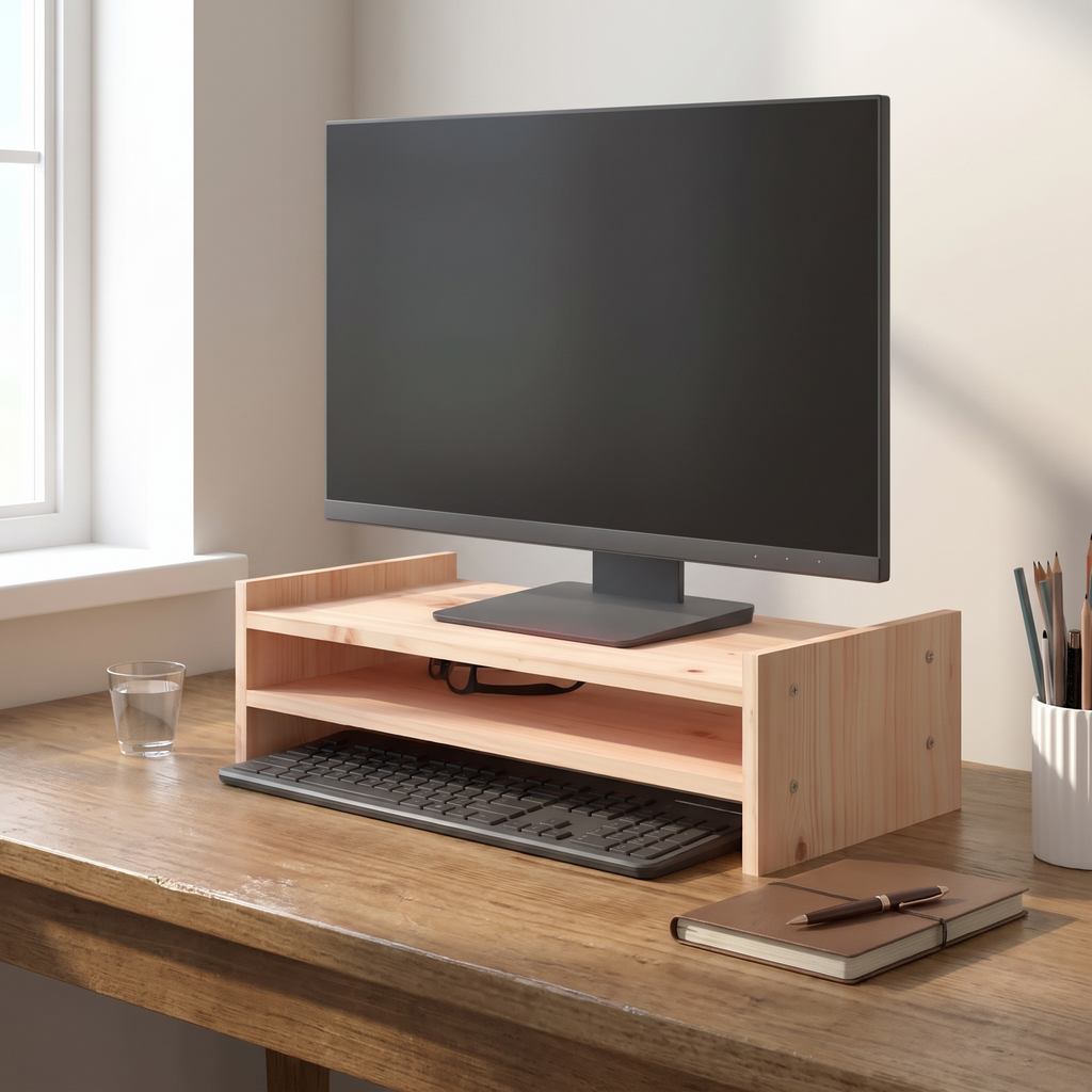 Riva Solid Pine Monitor Riser 50 x 27 x 15cm — in use on a desk