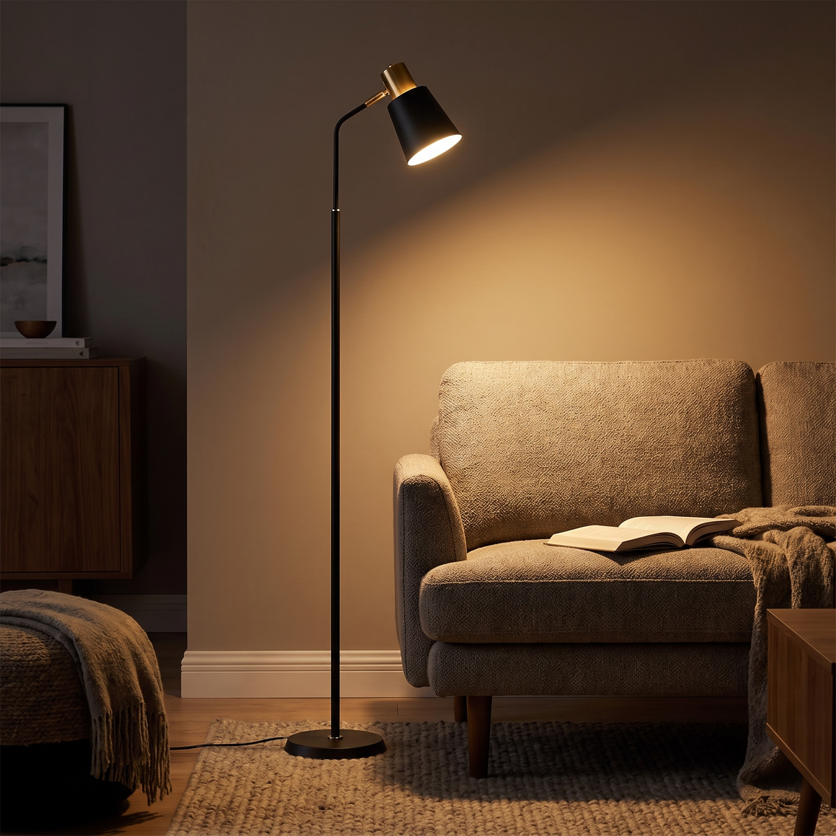 Black LED Floor Reading Lamp — beside an armchair in the evening