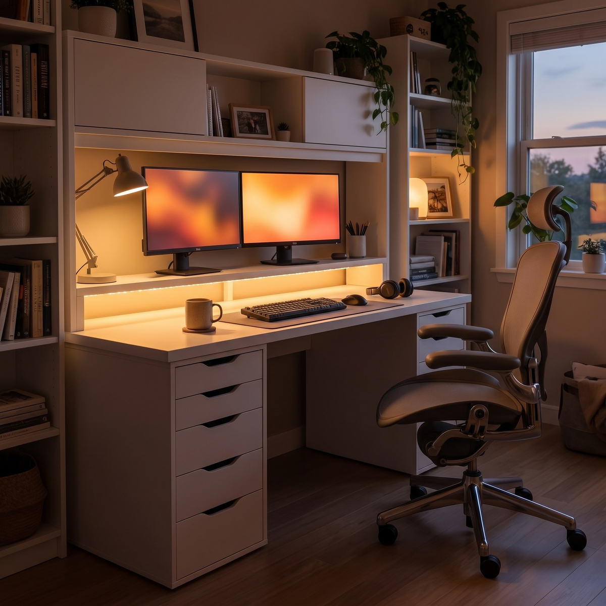Modern LED Desk with Five Drawers — in a home office at dusk