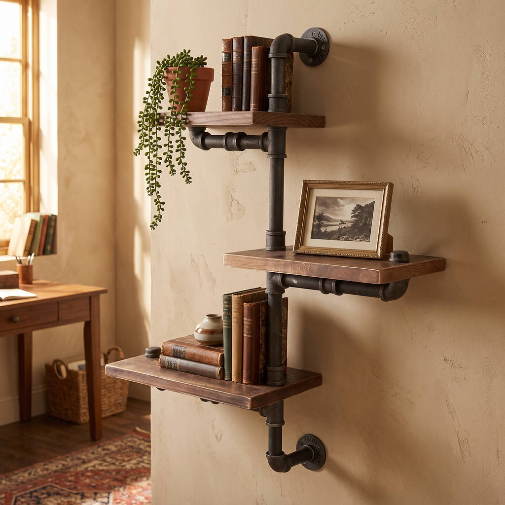 Foundry Industrial Pipe Wall Shelves, Three Tier — mounted in a room