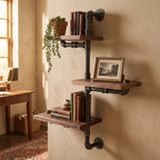 Foundry Industrial Pipe Wall Shelves, Three Tier — mounted in a room
