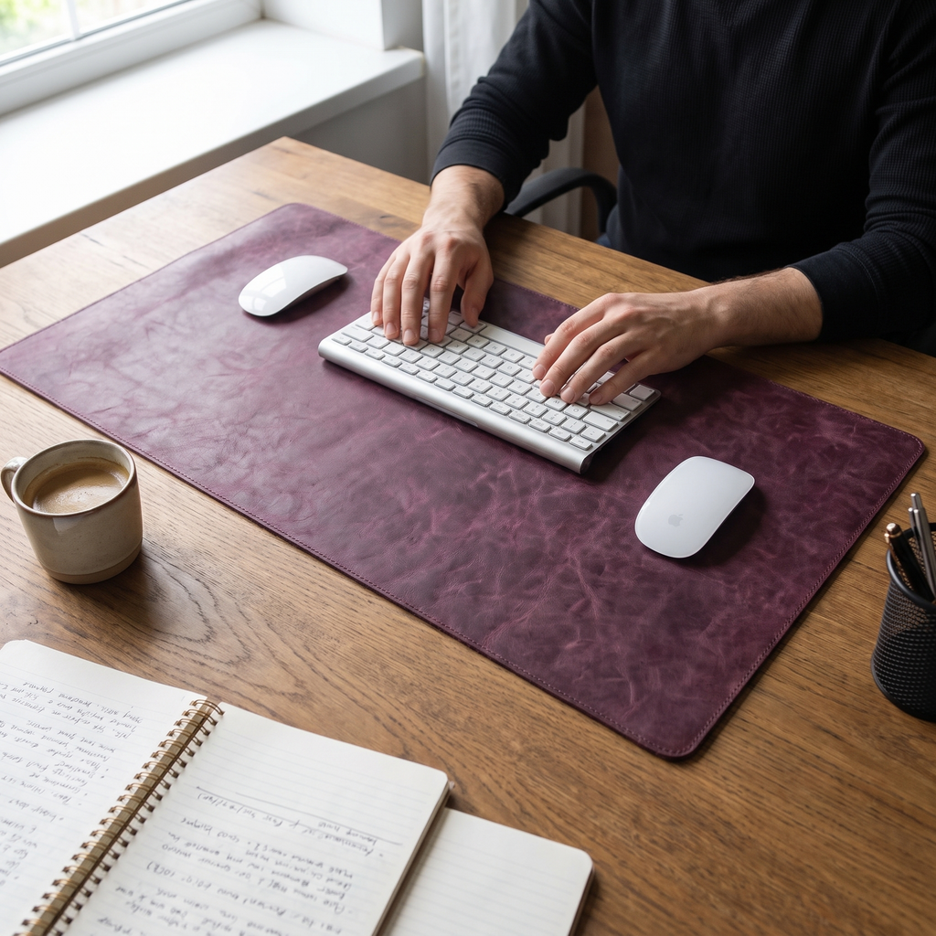 Jersey Leather Desk Pad, Purple — in use on a desk