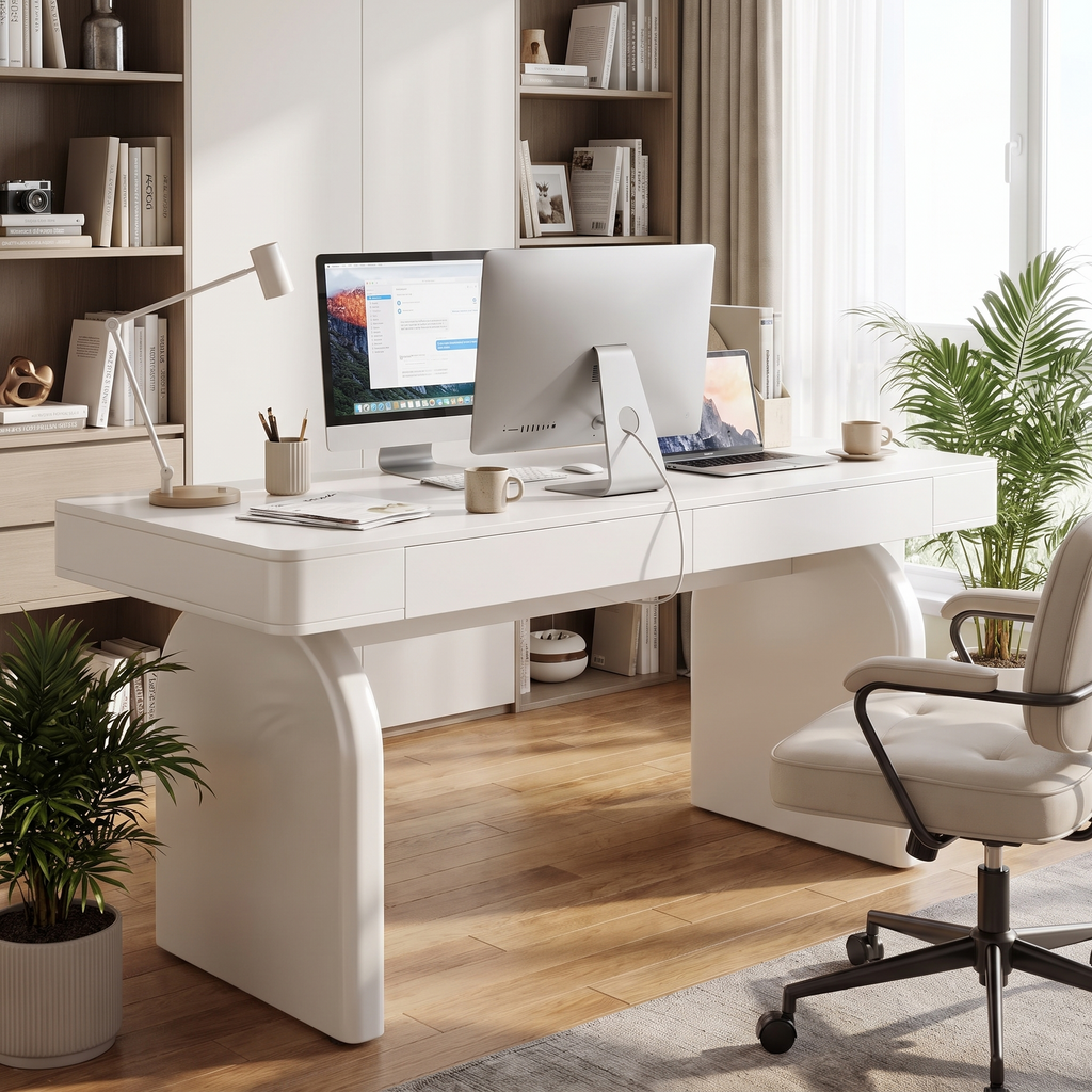 Como White Executive Desk with Drawers 63 inch — in a bright home office