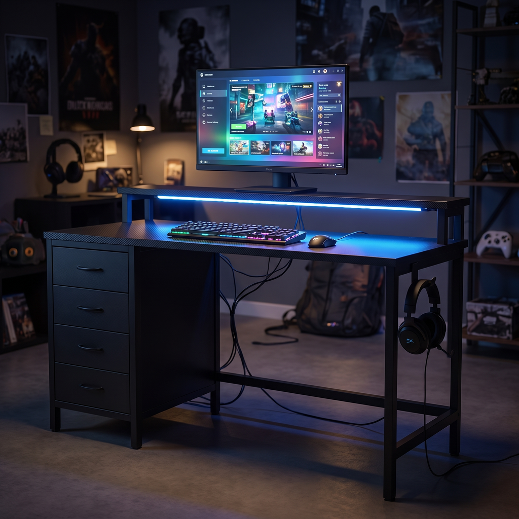 47 Inch LED Gaming Desk — in a gaming room at night